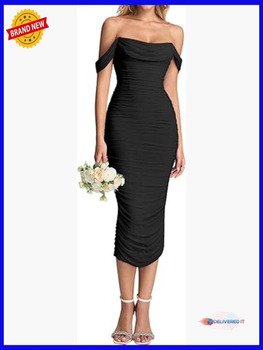 Off Shoulder Corset Formal Midi Dress Bodycon Ruched Wedding Guest